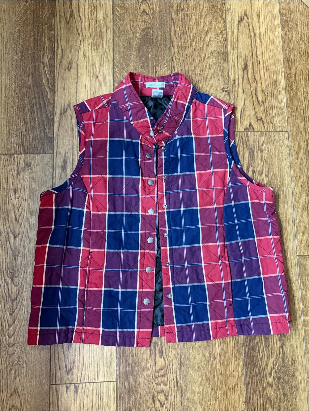 Plaid Snap-Front Vest - Red & Navy